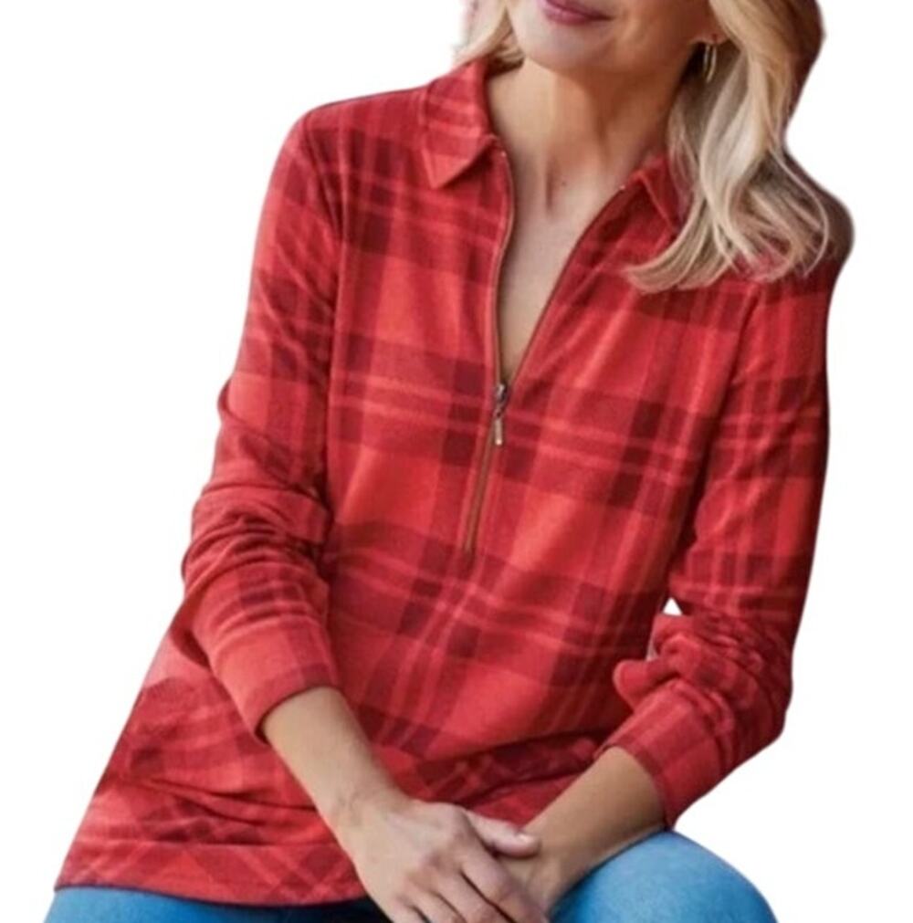 Soft Surroundings Tunic Sweater Fleece Zip Up Bodice Plaid Orange Red Womens S